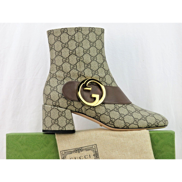 GUCCI 70170 SUPREME LEATHER BELT GG METAL LOGO MONOGRAM BEIGE SHORT ZIP BOOTS 41 - Picture 7 of 13